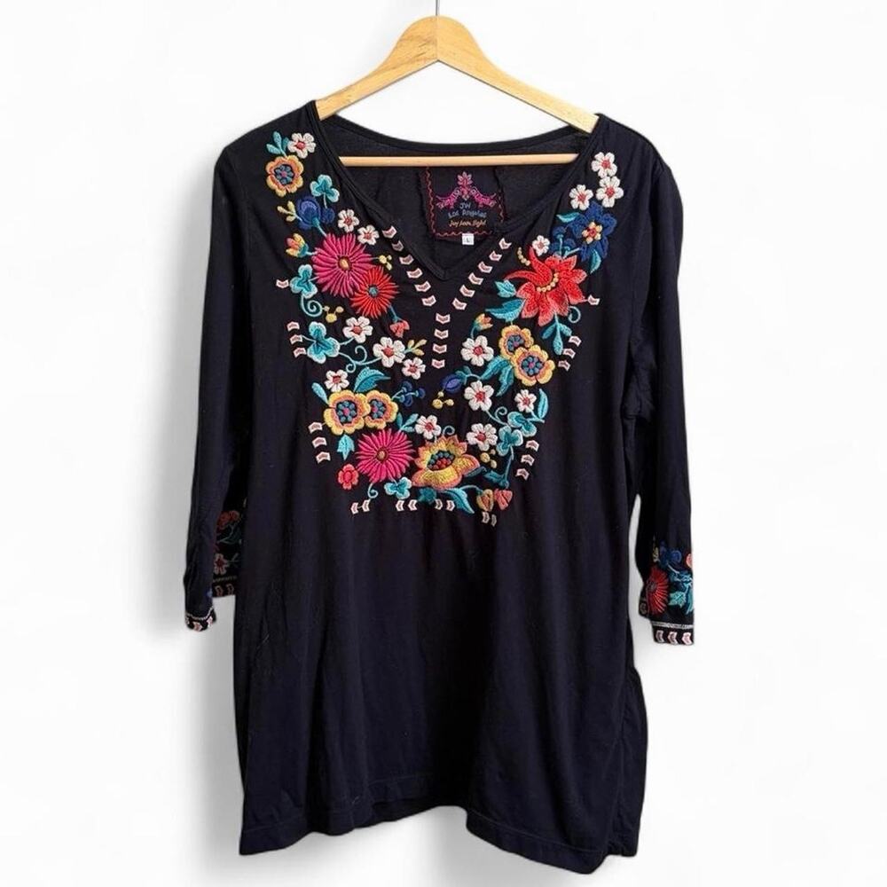 Johnny Was Black Tunic with Multicolor Floral Embroidery